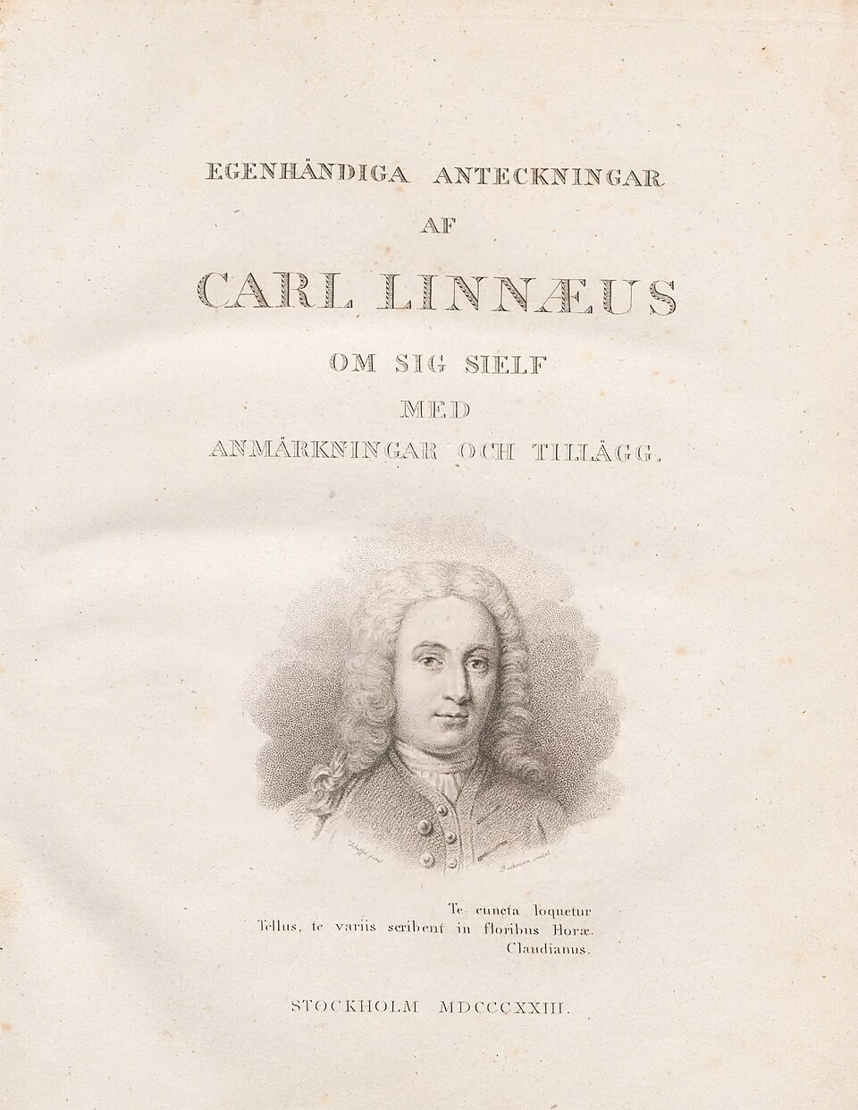 Egenh&auml;ndiga anteckningar af Carl Linn&aelig;us om sig sjelf - title page