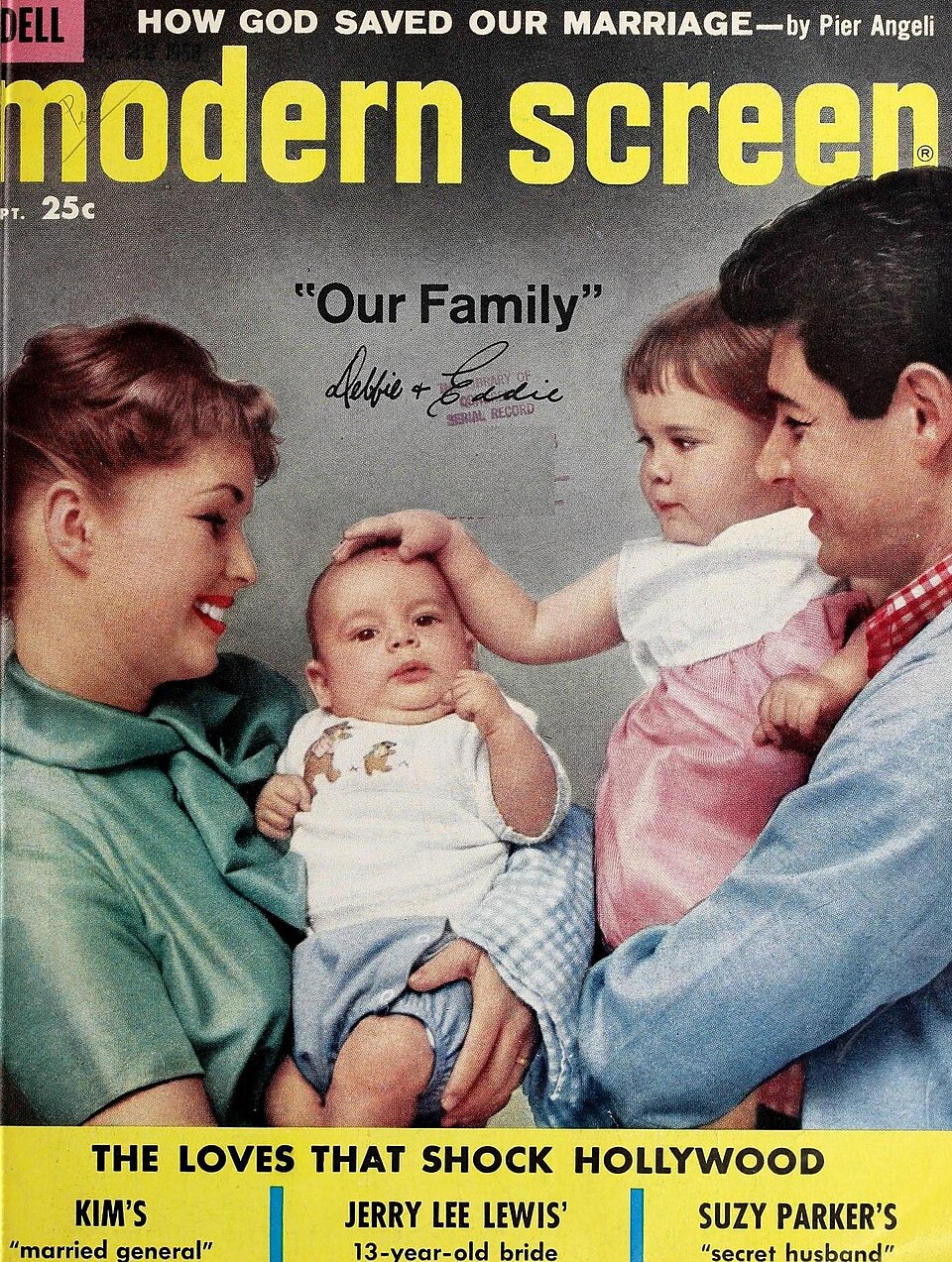 Debbie Reynolds, Todd Fisher, Carrie Fisher, and Eddie Fisher - Modern Screen, September 1958