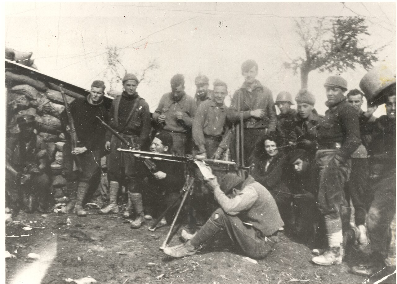 George Orwell and Eileen O&rsquo;Shaughnessy with members of the ILP unit on the Aragon Front outside Huesca, 13th March 1937