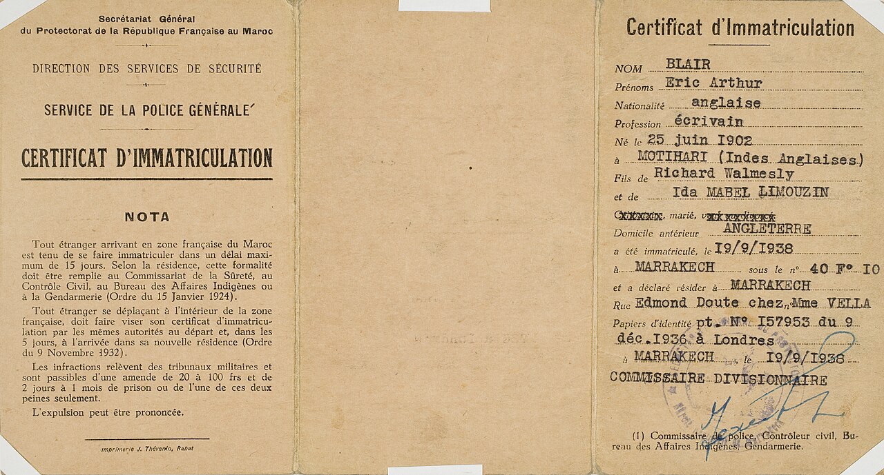 George Orwell's Moroccan identity card (back)