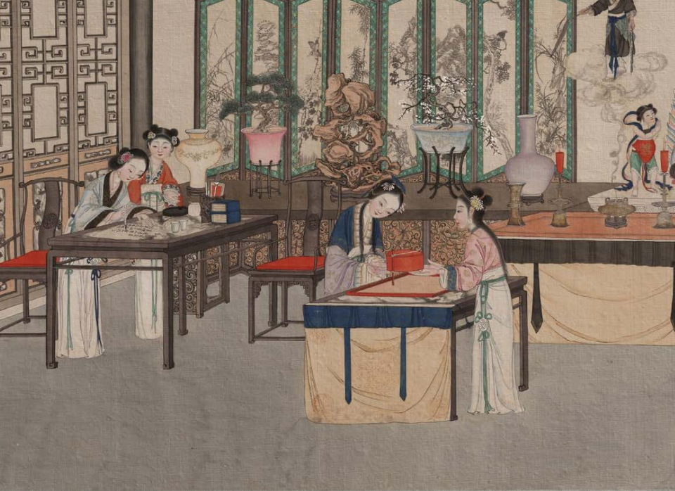 "At the Green Bower Hermitage Miaoyu asks the planchette (fuji) about a Jade" (栊翠庵妙玉扶乩玉) - scene from Dr