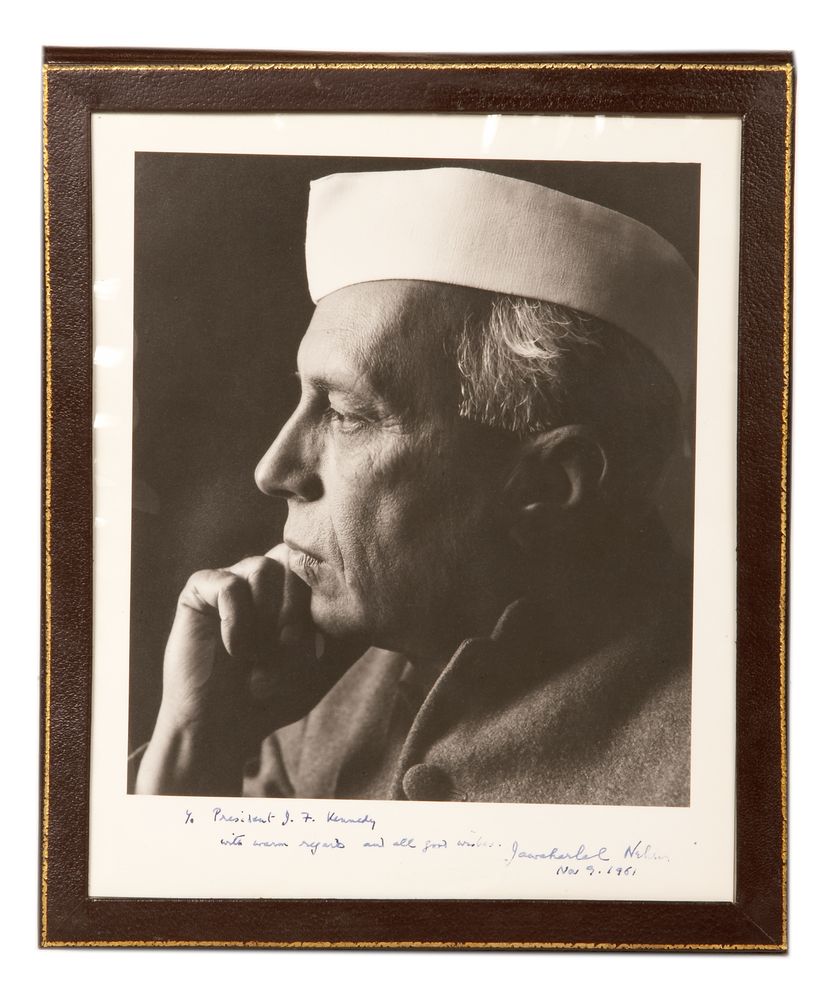 Black and white portrait photograph of Jawaharlal Nehru presented to President John F. Kennedy