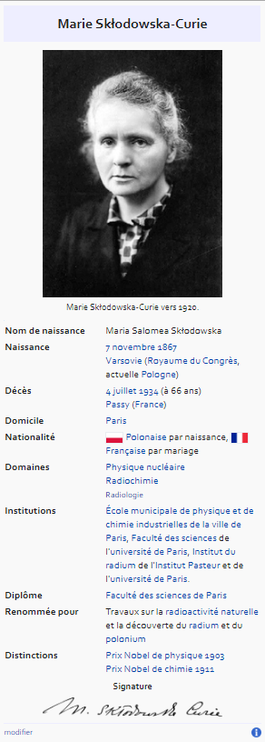 Infobox Marie Curie (French Wikipedia)