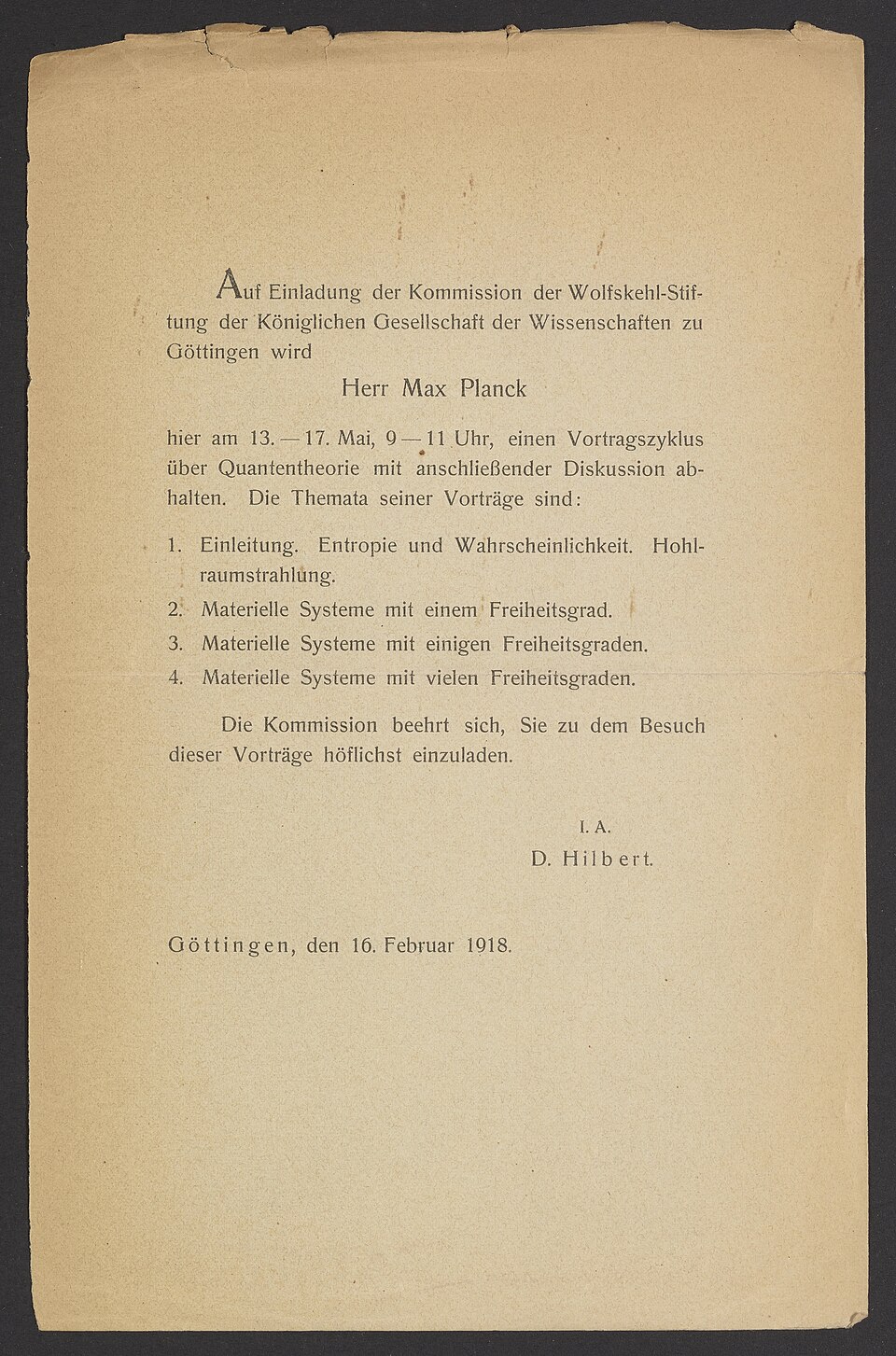 Invitation to lectures by Max Planck - DPLA - 0c457380b28d044f848511e82e2deb86