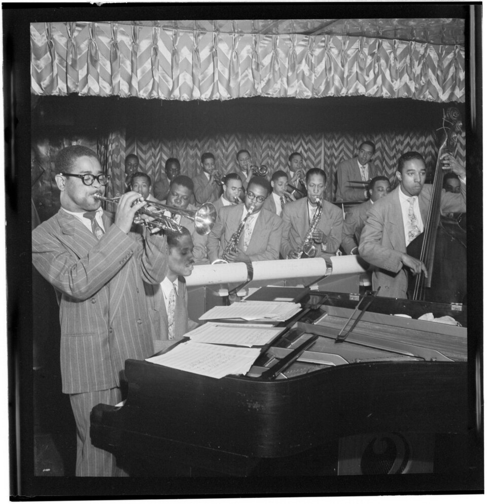 (Portrait of Dizzy Gillespie, John Lewis, Cecil Payne, Miles Davis, and Ray Brown, Downbeat, New York, N.Y., between 194