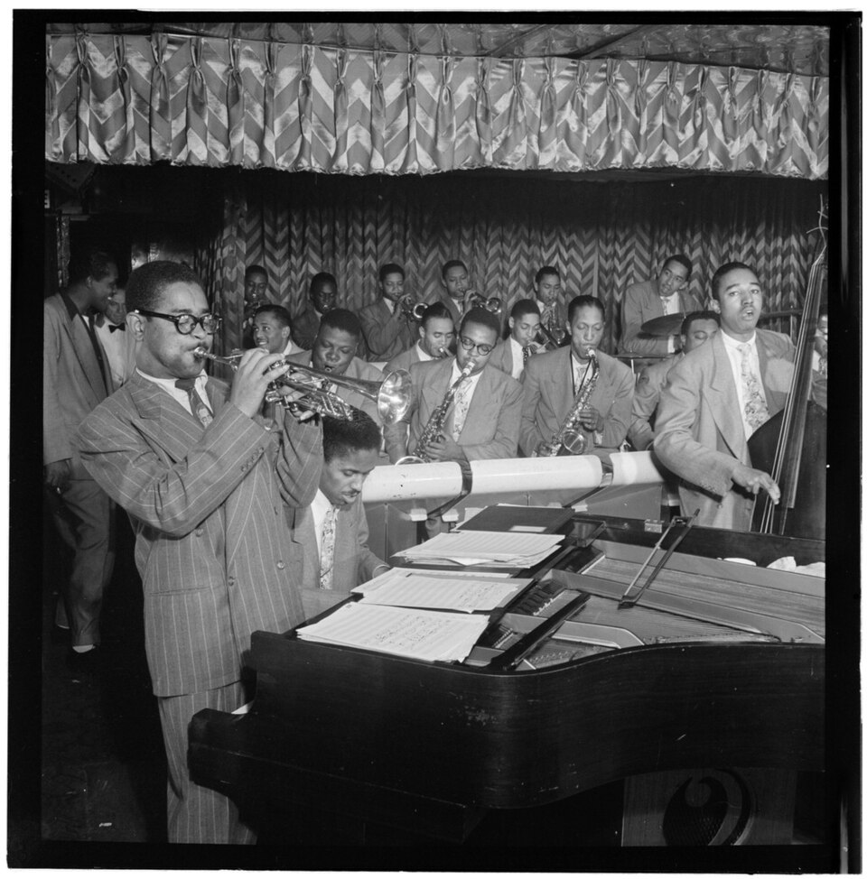 (Portrait of Dizzy Gillespie, John Lewis, Cecil Payne, Miles Davis, and Ray Brown, Downbeat, New York, N.Y., between 194