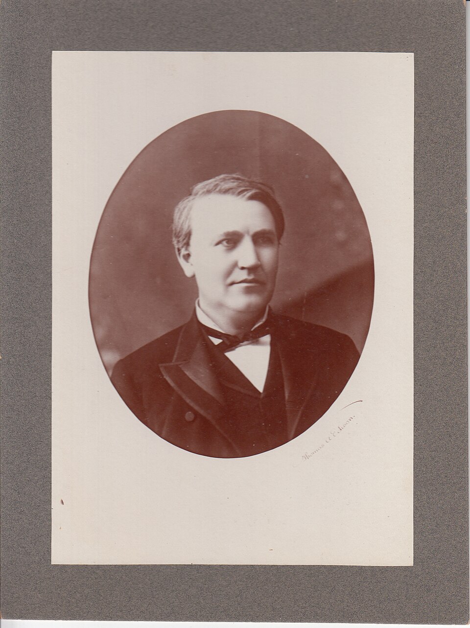 Portrait of Thomas Edison. "Thomas A. Edison" written under portrait. (bd5890a43bf7499a85657620f8c7ec2c)