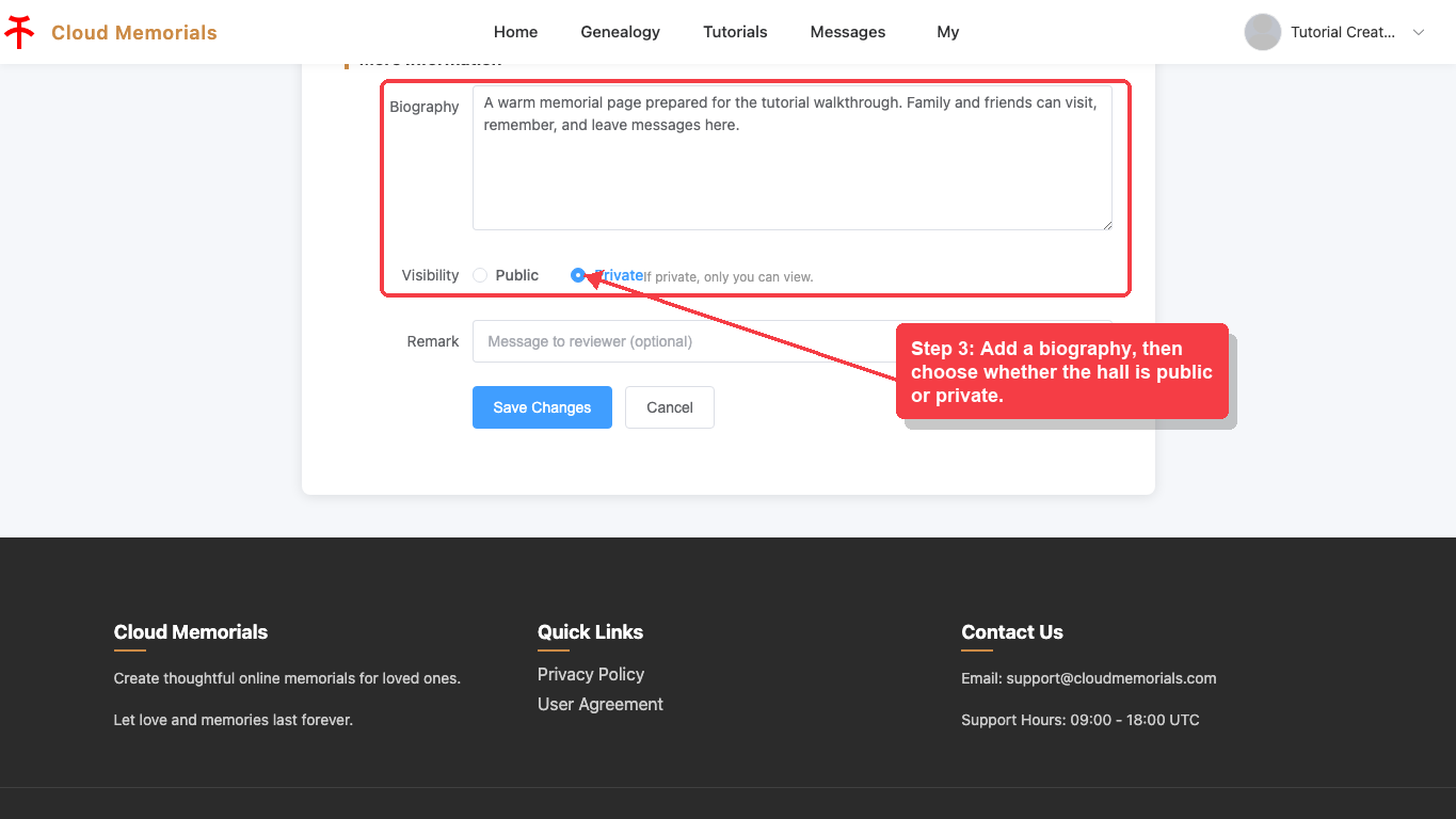 Add biography and visibility